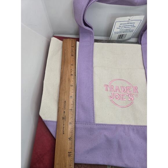 Trader Joes Small Canvas Tote Bag Mini Pastel Lavender Purple New Outside Pocket - Picture 6 of 6